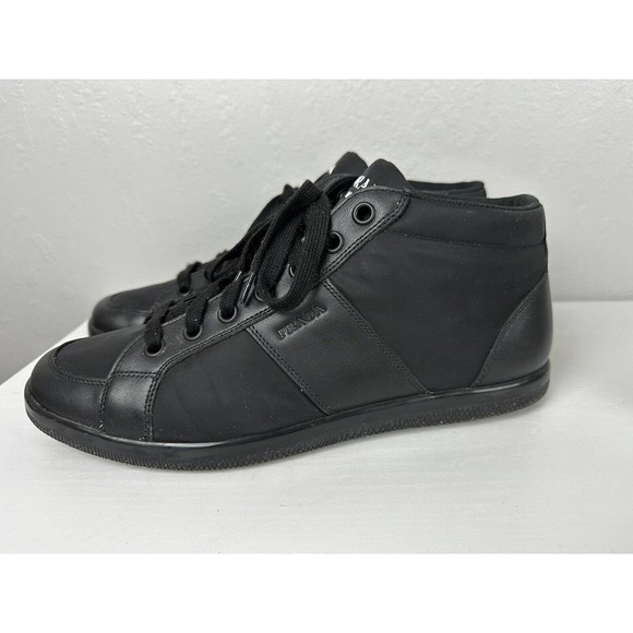 Prada High Top Lace Up Sneakers Trainers Mens 11 Black Leather Nylon Shoes main image 5